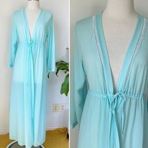 Vintage 70s 80s Checkered Turquoise Nightgown Maxi Dress Size Medium Rayon